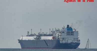 Metanero Yenisei River fondeado frente a la playa de La Costilla
